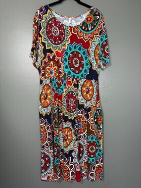 DB Moon Colorful Mandala Print Hippie Jersey Knit Dress - 2XL - Womens Plus Size